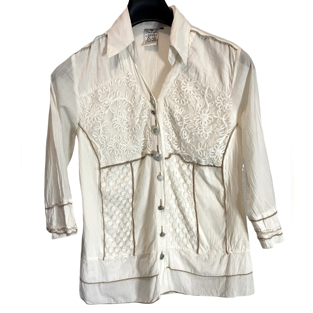 PARSLEY & SAGE Blouse Unique Embroidered Button Down Top White Size Small